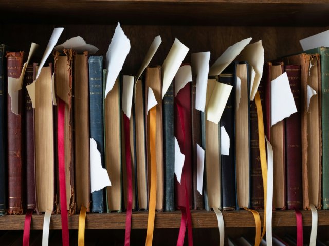 Close-up of book spines with paper bookmark slips protruding from the pages
