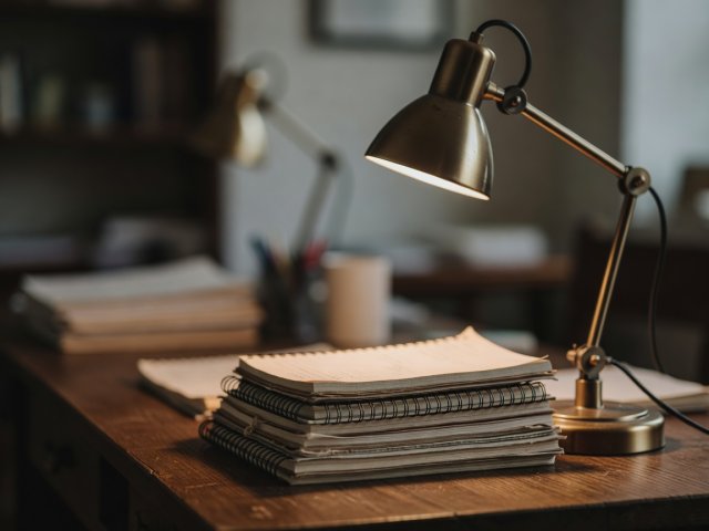 Shallow-focus photograph of a research desk with stacked notebooks and a desk lamp