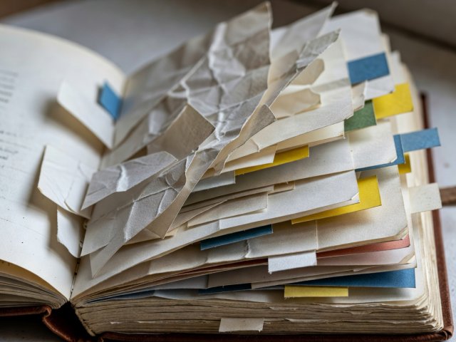Close-up of a notebook with loose paper slips and tabs sticking out at different angles